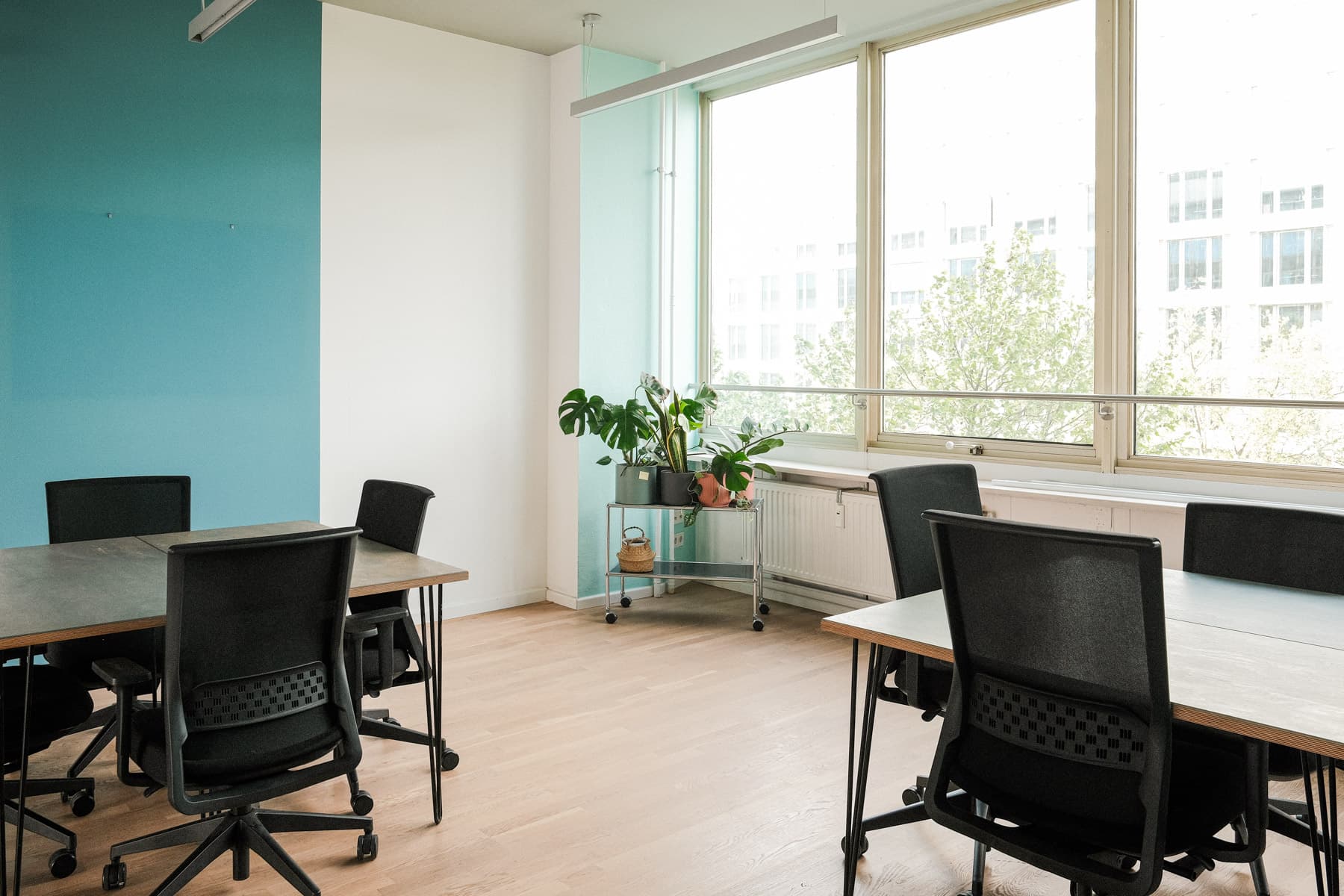 Helles Teambüro mit Blick ins Grüne.